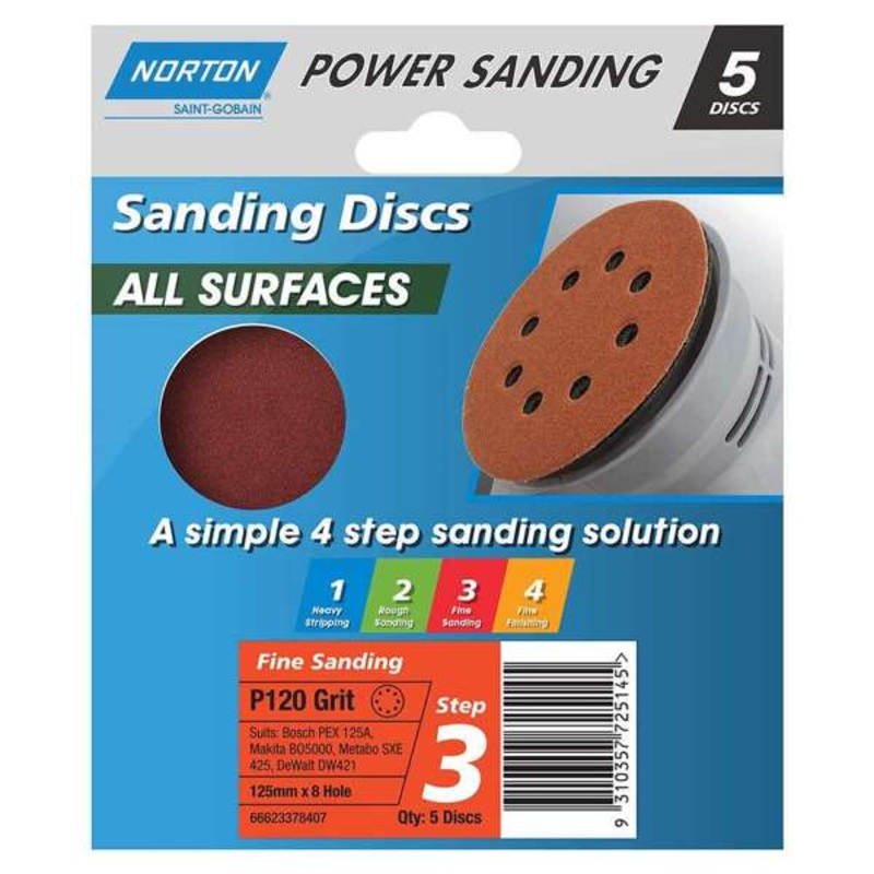Norton Speedgrip Disc 125mm x 8H Step 3 P120 Grit – 5 Pack