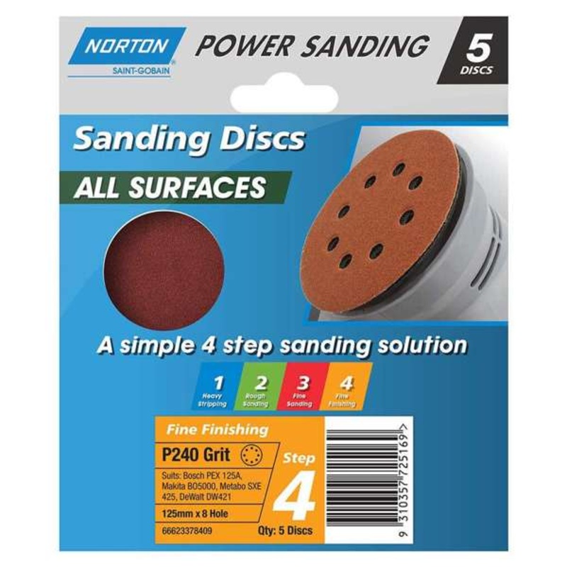 Norton Speedgrip Disc 125mm x 8H Step 4 P240 Grit – 5 Pack