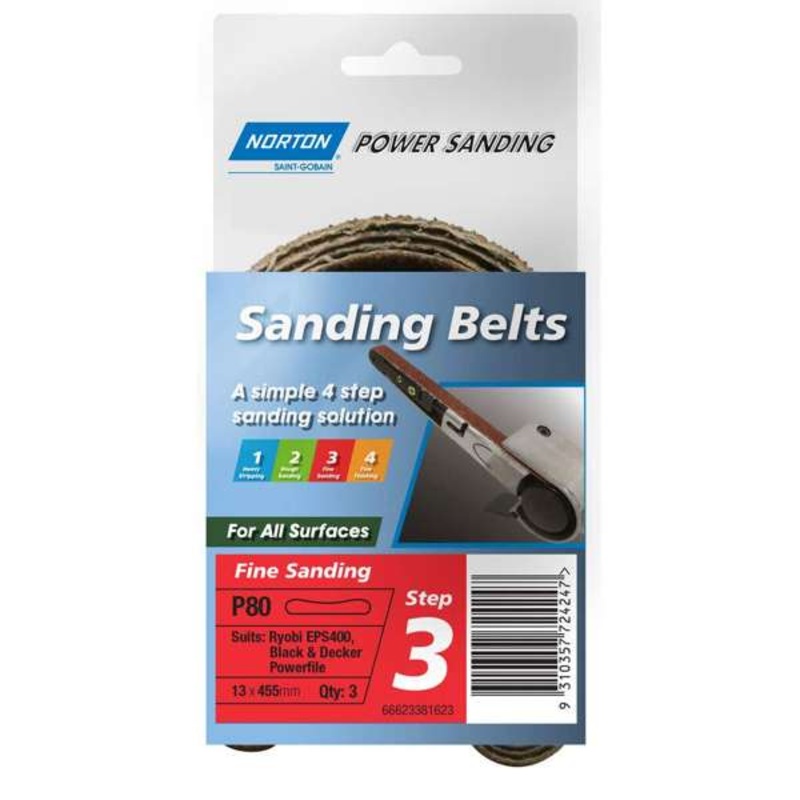 Norton Belt Powerfile Medium P80 Grit 13 x 455mm – 3 Pack
