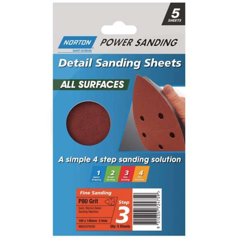 Norton Detail Sanding Sheet P80 Grit 100 x 140mm – 5 Pack