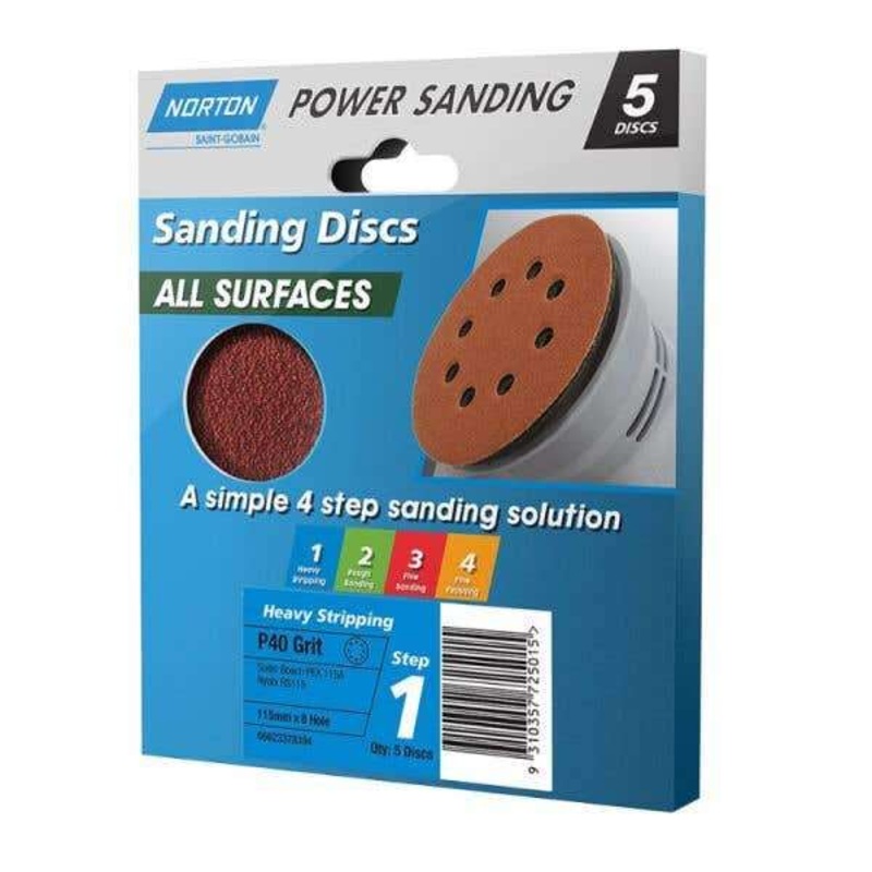 Norton Speedgrip Disc 115mm x 8H Step 1 P40 Grit – 5 Pack