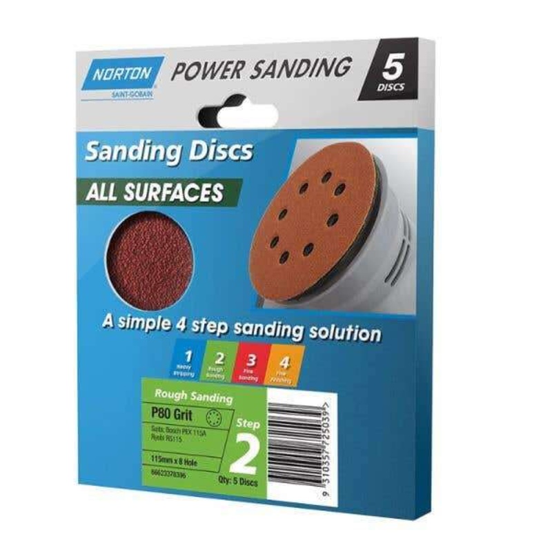 Norton Speedgrip Disc 115mm x 8H Step 2 P80 Grit – 5 Pack
