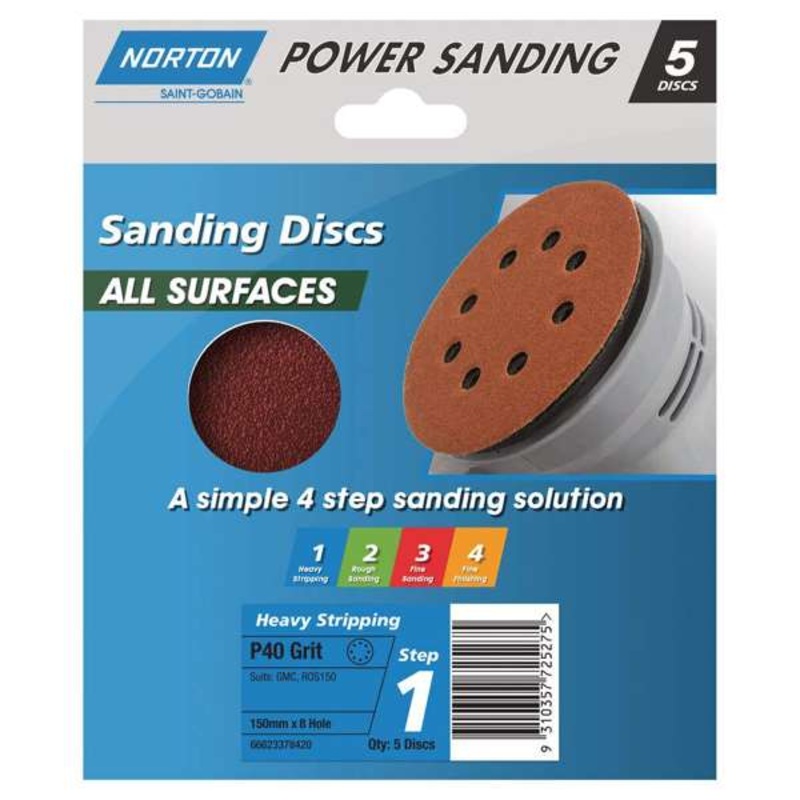 Norton Speedgrip Disc 150mm x 8h Step 1 P40 Grit – 5 Pack