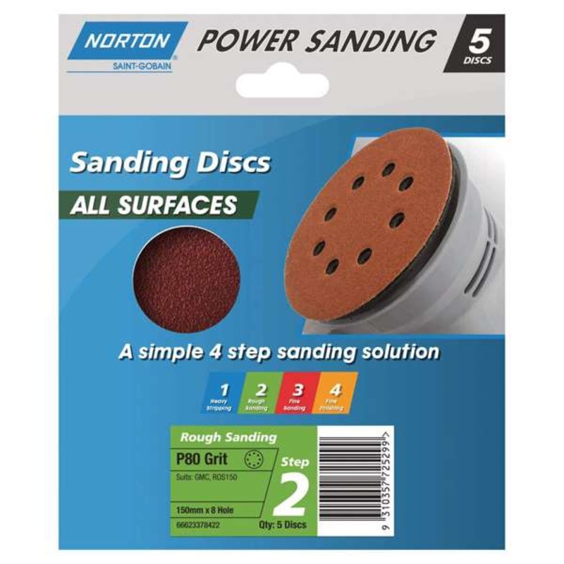 Norton Speedgrip Disc 150mm x 8H Step 2 P80 Grit – 5 Pack