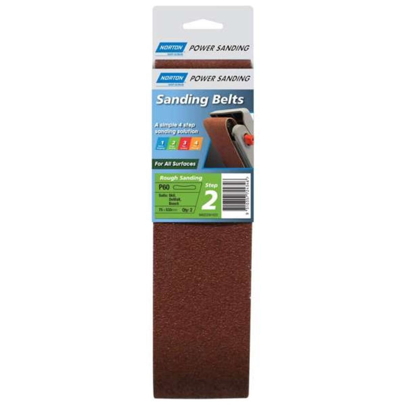 Norton Cloth Sanding Belt P60 Grit 75 x 533mm – 2 Pack
