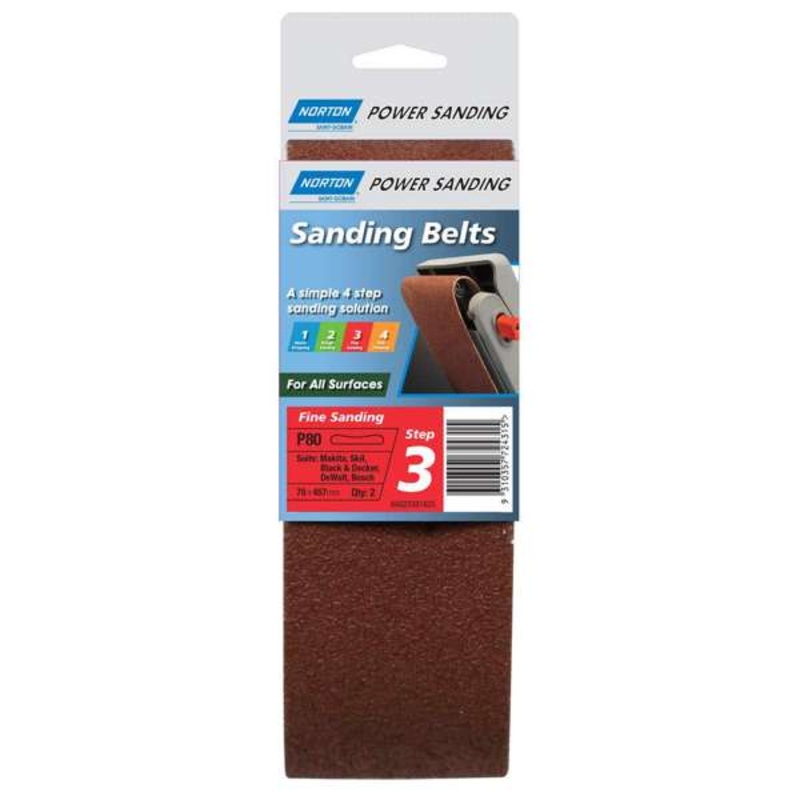 Norton Sanding Belt Cloth P80 Grit 75 x 457mm – 2 Pack