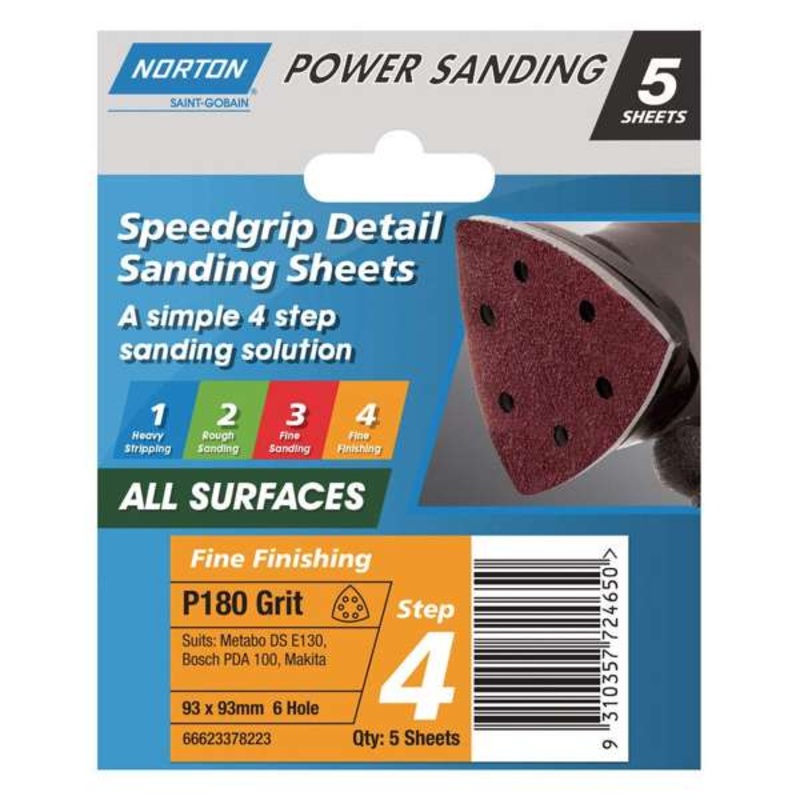 Norton Sanding Sheet 6H P180 Grit 93 x 93mm – 5 Pack