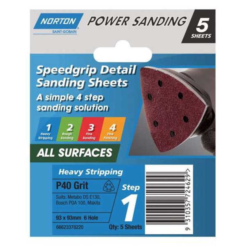 Norton Sanding Sheet 6H P40 Grit 93 x 93mm – 5 Pack