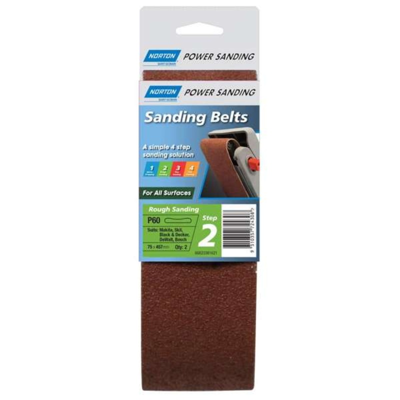 Norton Sanding Belt P60 Grit 75 x 457mm – 2 Pack