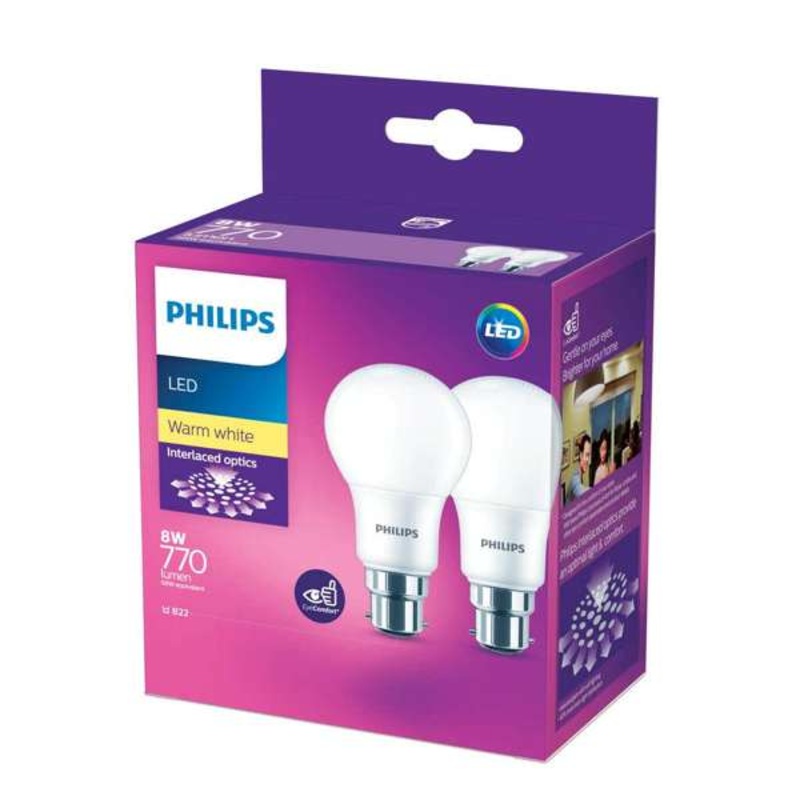 Philips LED Globe 8W BC Warm White – 2 Pack