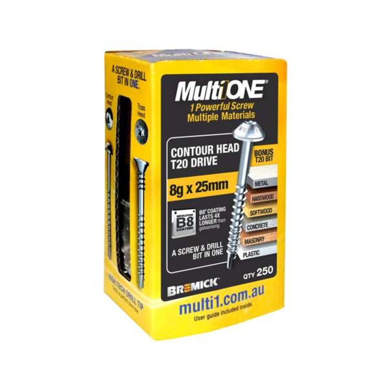 Bremick Screw MultiOne Contour Head Torx Drive 20 B8 Coated 8g x 25mm – 250 Pack