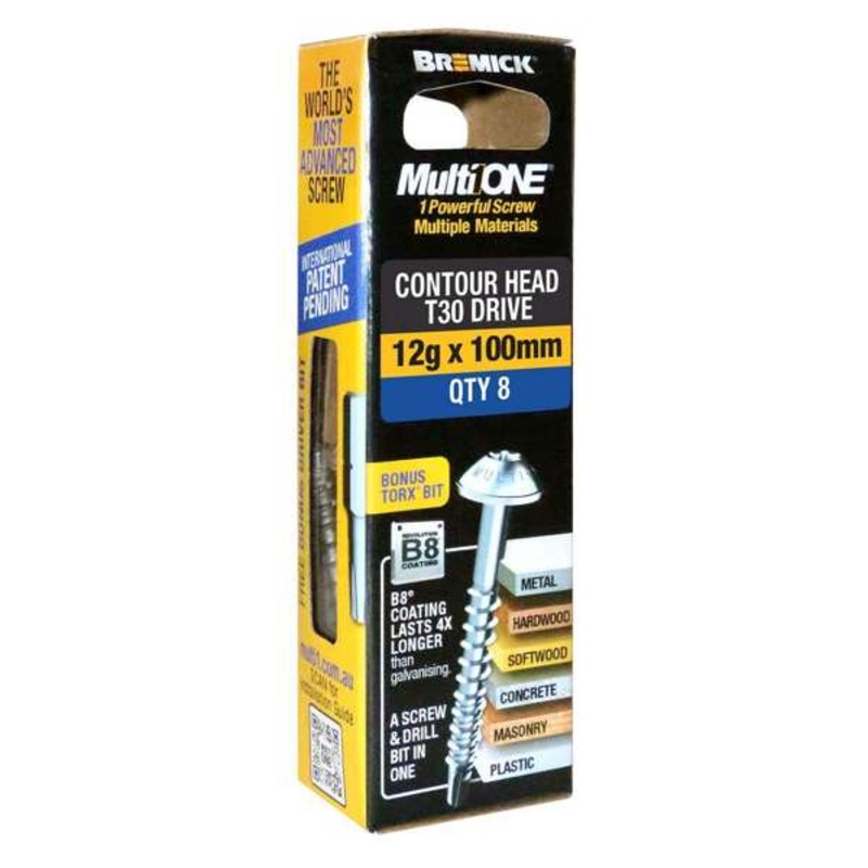 Bremick Screw MultiOne Contour Head Torx Drive 30 B8 Coated 12g x 100mm – 8 Pac
