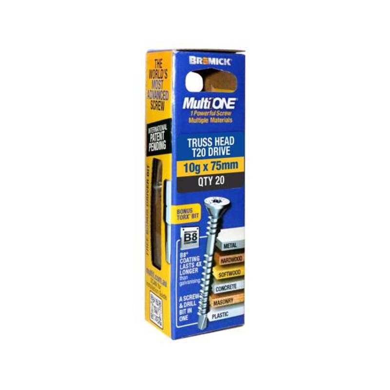 Bremick Screw MultiOne Countersunk Truss Head 20 B8 Coated 10g x 75mm – 20 Pack