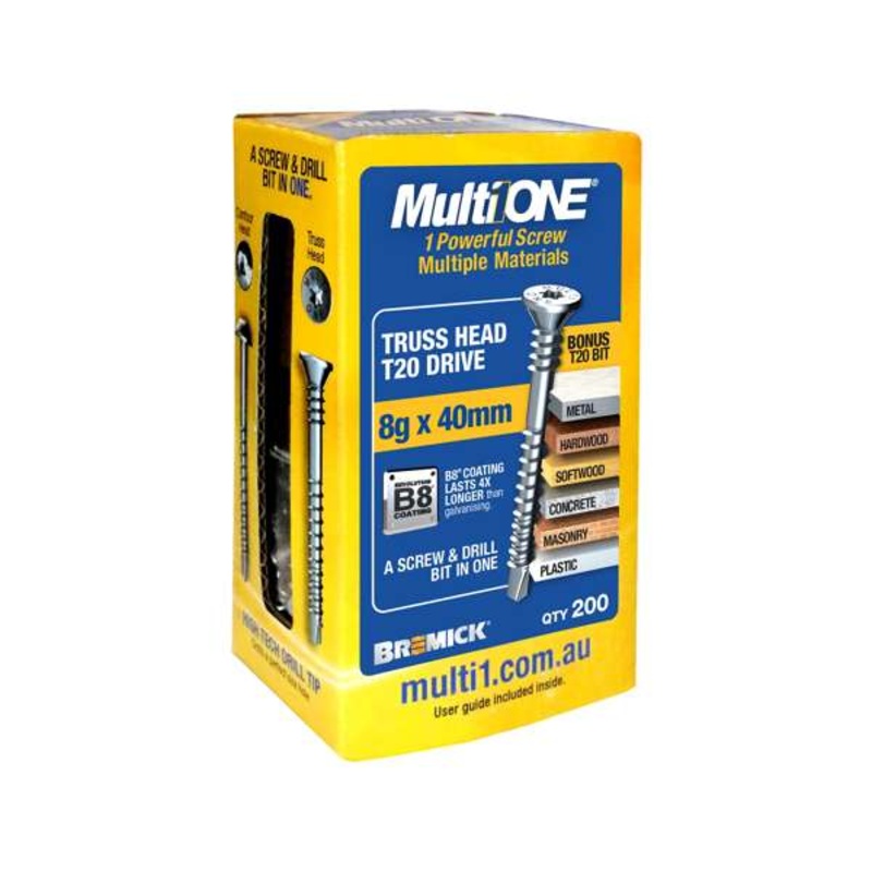 Bremick Screw MultiOne Countersunk Truss Head 20 B8 Coated 8g x 40mm – 200 Pack