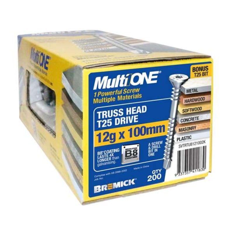 Bremick Screw MultiOne Countersunk Truss Head 25 B8 Coated 12g x 100mm – 200 Pack