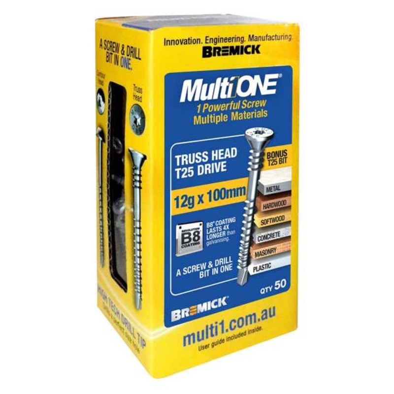 Bremick Screw MultiOne Countersunk Truss Head 25 B8 Coated 12g x 100mm – 50 Pack