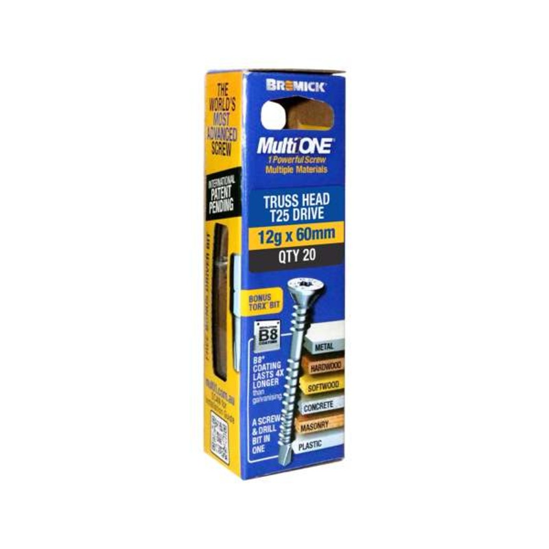 Bremick Screw MultiOne Countersunk Truss Head 25 B8 Coated 12g x 60mm – 20 Pack