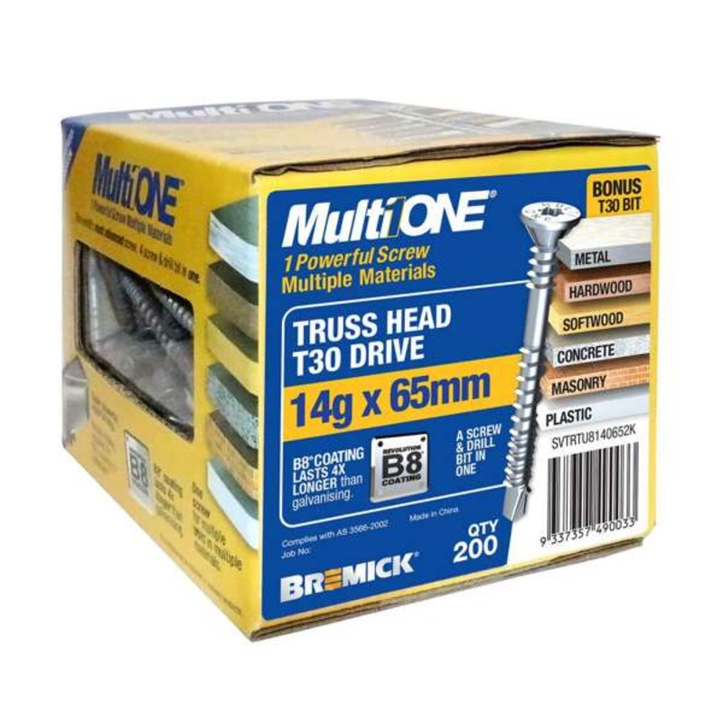 Bremick Screw MultiOne Countersunk Truss Head 30 B8 Coated 14g x 65mm – 200 Pack