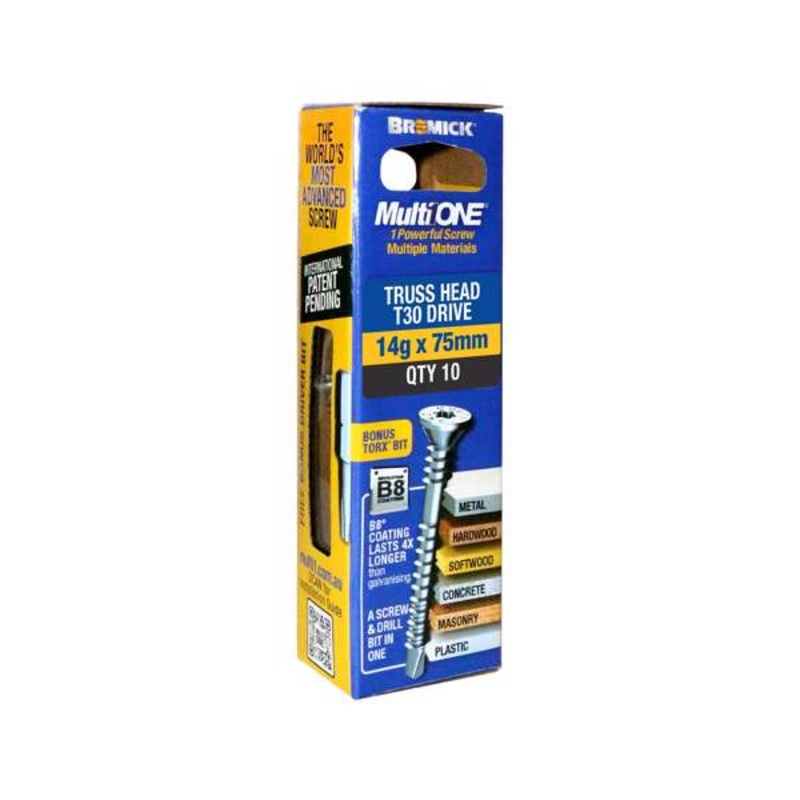 Bremick Screw MultiOne Countersunk Truss Head 30 B8 Coated 14g x 75mm – 10 Pack