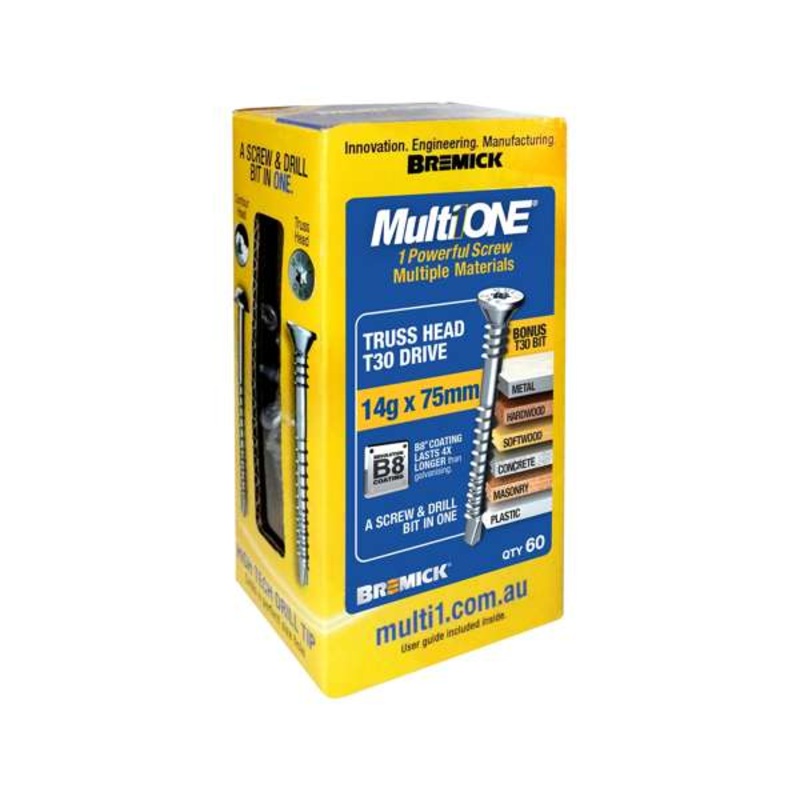 Bremick Screw MultiOne Countersunk Truss Head 30 B8 Coated 14g x 75mm – 60 Pack