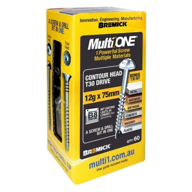 Bremick Screw MultiOne Contour Head Torx Drive 30 B8 Coated 12g x 75mm – 60 Pack