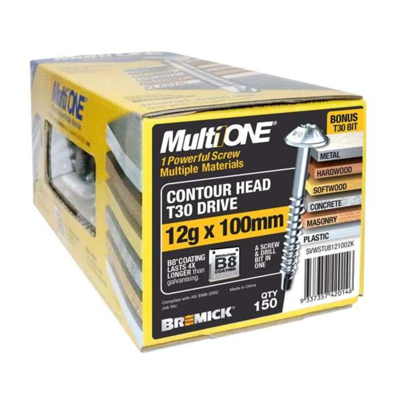 Bremick Screw MultiOne Contour Head Torx Drive 30 B8 Coated 14g x 100mm – 100 Pack