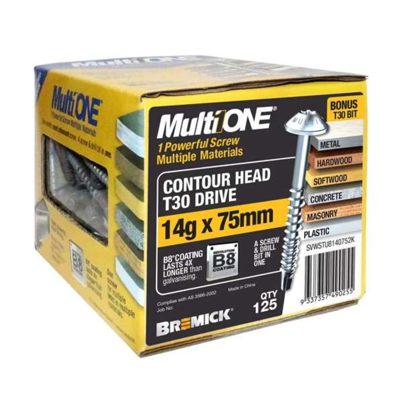 Bremick Screw MultiOne Contour Head Torx Drive 30 B8 Coated 14g x 75mm – 125 Pack