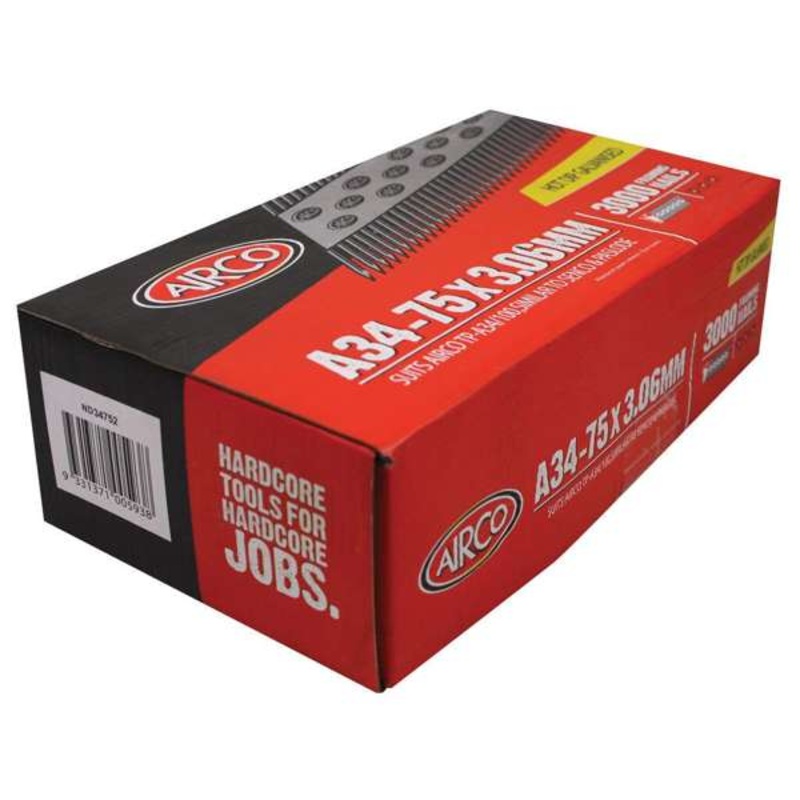 Airco A34 Collated Strip Nails 75 x 3.1mm – Box of 3000