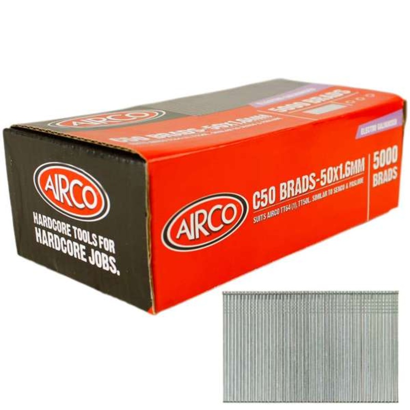 Airco C50 Brad Nails 1.6 x 50mm – Box of 5000