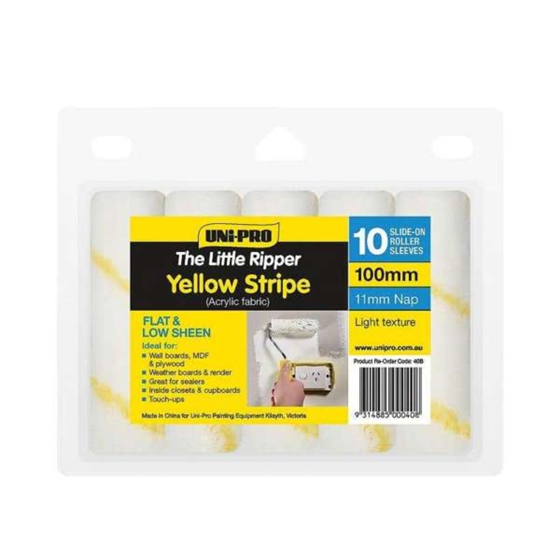 Uni-Pro Little Ripper Yellow Stripe Fabric Roller Cover 11mm Nap 100mm – 10 Pack