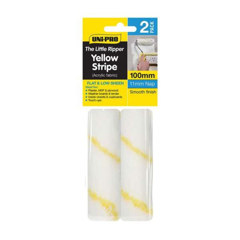Uni-Pro Little Ripper Yellow Stripe Fabric Roller Cover with 11mm Nap 100mm – 2 Pack