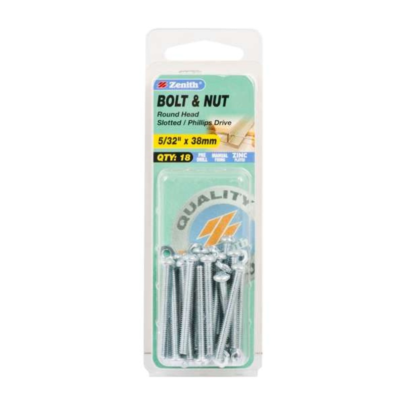 Zenih 5/32 x 38mm Round Head Zinc Plated Bolt & Nut – 18 Pack