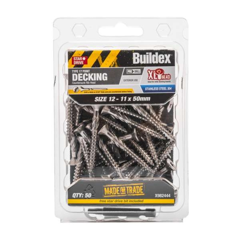 Buildex 12 – 11 x 50mm Stainless Steel Type 17 Decking Screws – 50 Pack