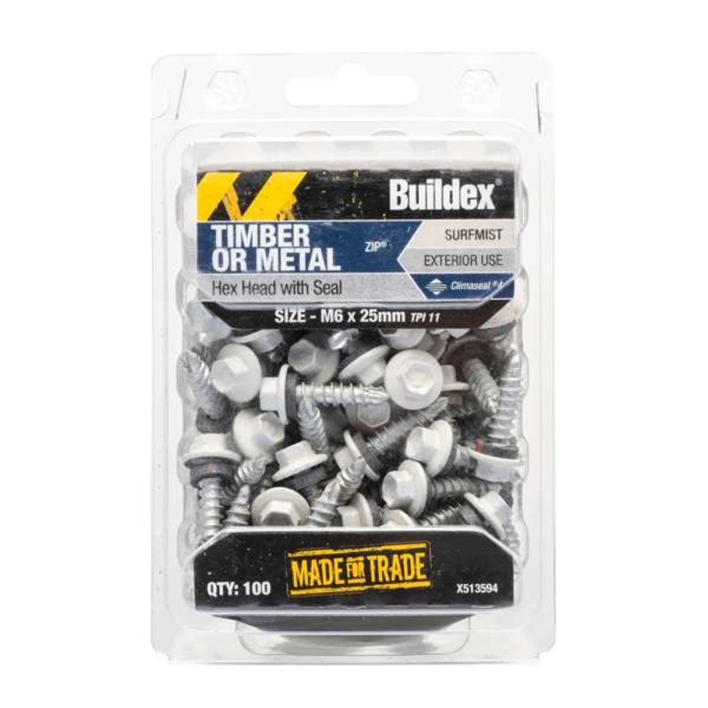 Buildex M6 x 25mm Surfmist Roof Zip C4 HexHead Screws – Box 100