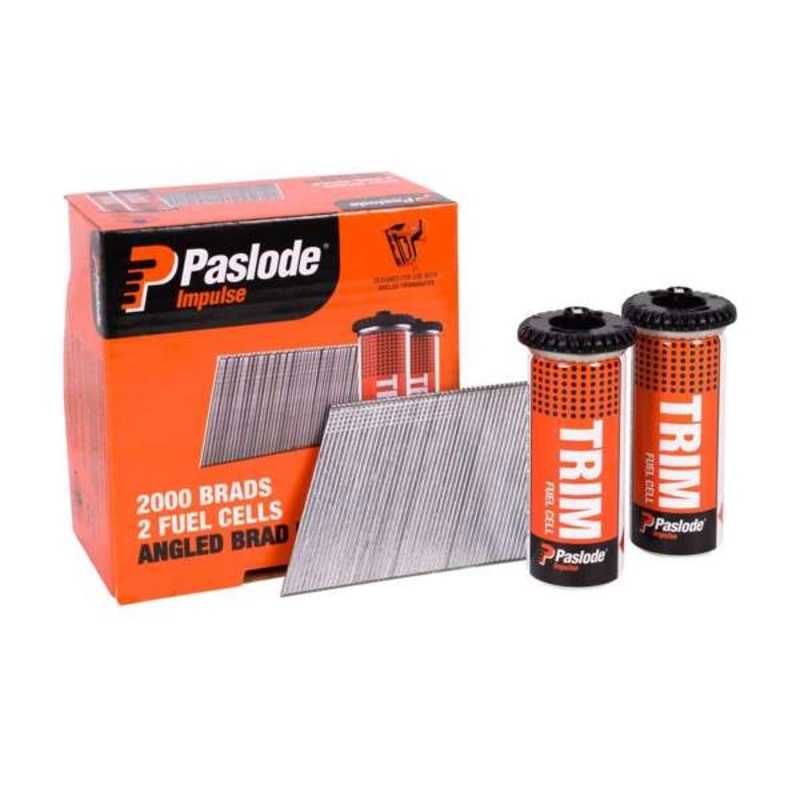Paslode Impulse 65 x 1.6mm 20Deg – Box of 2000 Brads + 2 Fuel Cells