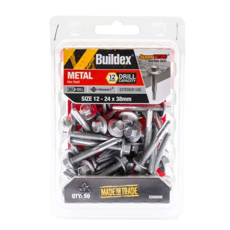 Buildex 12 – 24 x 38mm SuperTEKS Series 500 Hex Head Metal Screw – 50 Pack
