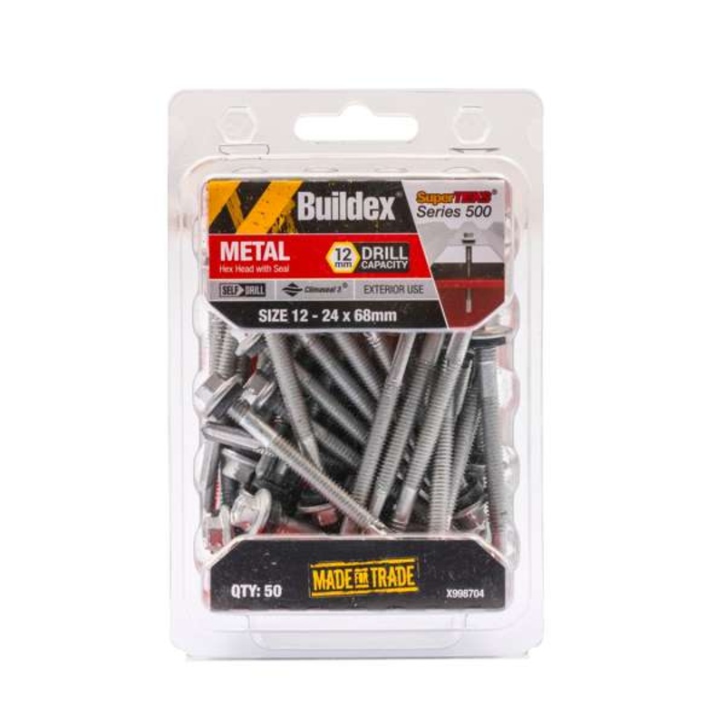 Buildex 12 – 24 x 68mm SuperTEKS Series 500 Hex Head Metal Screw – 50 Pack