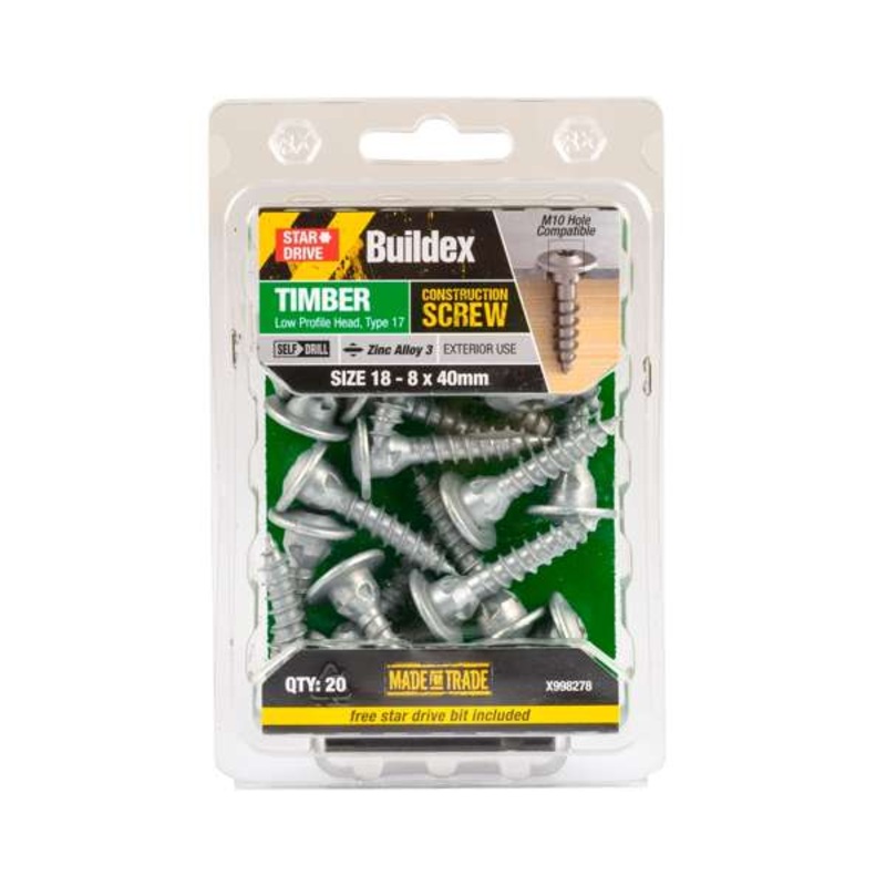 Buildex 18 – 8 x 40mm Zinc Alloy 3 Star Head Timber Construction Screws – 20 Pack