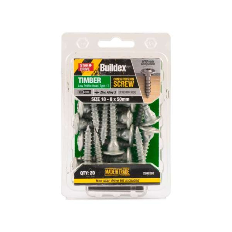 Buildex 18 – 8 x 50mm Zinc Alloy 3 Star Head Timber Construction Screws – 20 Pack