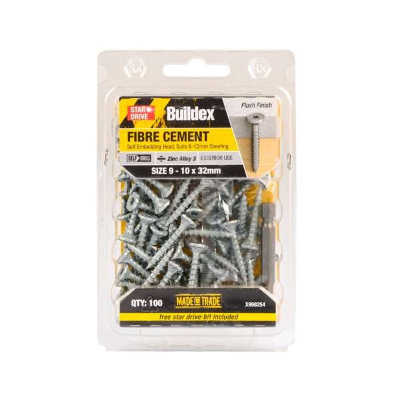 Buildex 9 – 10 x 32mm Zinc Alloy 3 Star Head Fibre Cement Screws – 100 Pack