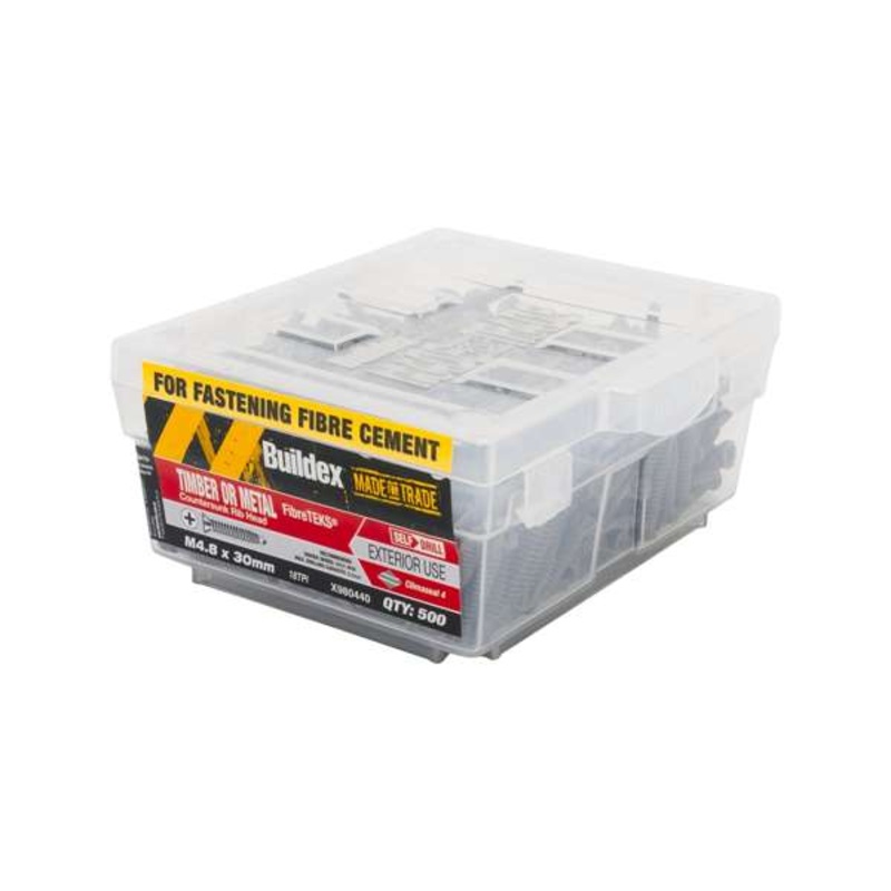 Buildex M4.8 – 18 x 30mm Countersunk Ribbed Head Fibre Tek Screw – 500 Pack