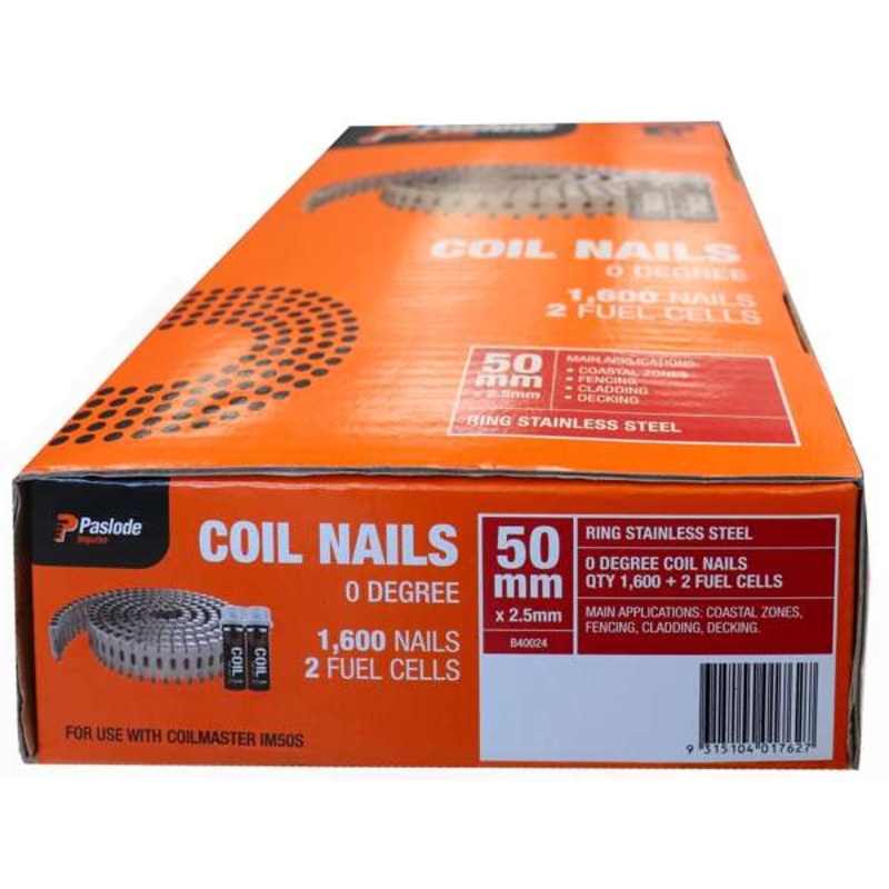 Paslode 50 x 2.5mm Impulse Stainless Steel Ring Shank Coil Nails – 1600 Box