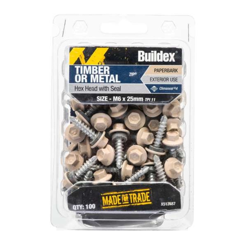 Buildex M6 x 25mm Paperbark Roof Zip C4 HexHead Screws – Box 100