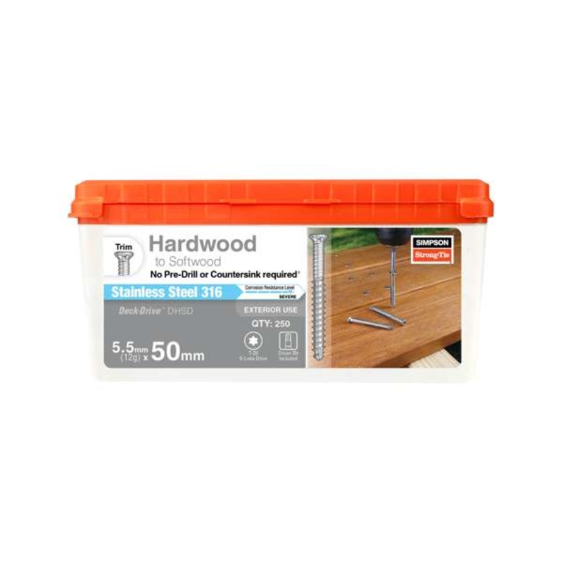 Simpson Strong-Tie 12G (5.5mm) x 50mm 316 Stainless Steel DHSD No-PreDrill Hardwood to Softwood Decking Screws – 250 Pack