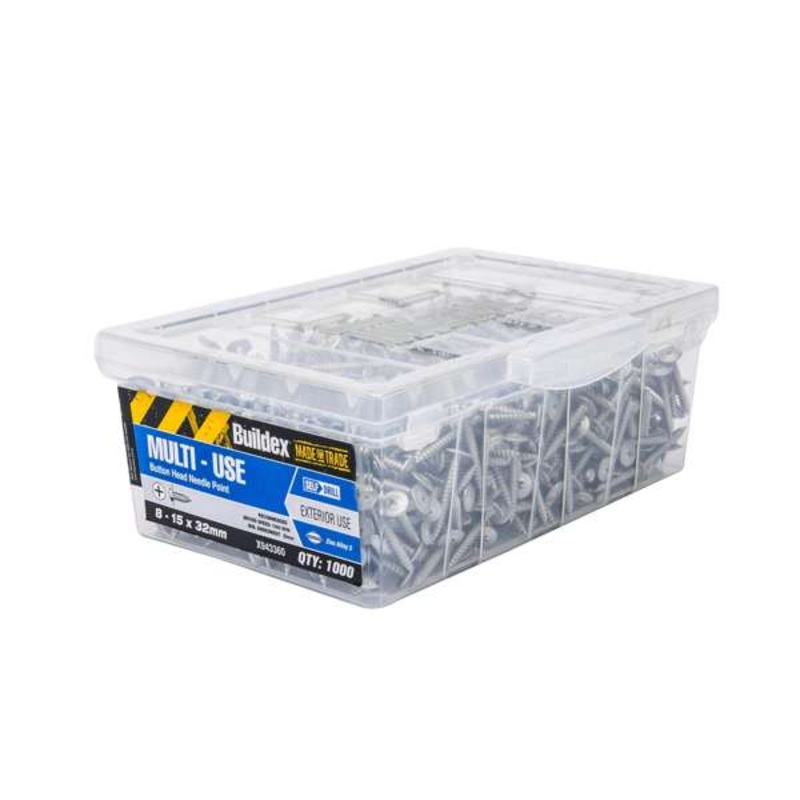 Buildex 8-15 x 32mm Zinc Alloy Button Head Needle Point Screws – 1000 Box