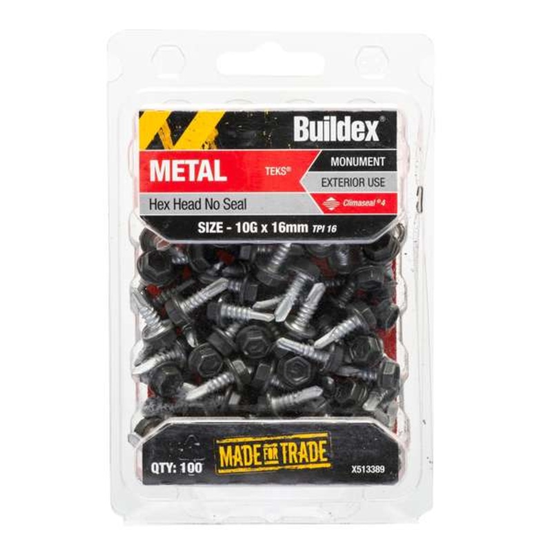 Buildex 10G x 16mm Monument Metal C4 HexHead No Seal Tek Screws – Box 100